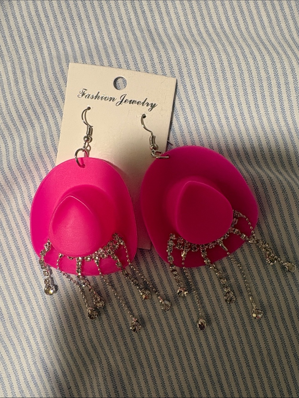 Fashion Jewelry Bright Hot Pink Rhinestone Fringe Hat Earrings